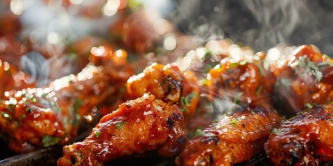 Succulent grilled chicken wings coated in spicy sauce, capturing the essence of outdoor cooking and mouthwatering flavors.