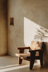 Wooden Chair In Minimalist Interior With Sunlight