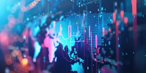 Vibrant digital world map with glowing stock market data and colorful graphs, symbolizing global finance and technology.