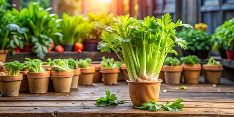 Fresh Celery in a Clay Pot on a Wooden Table, celery , herb , garden , vegetable