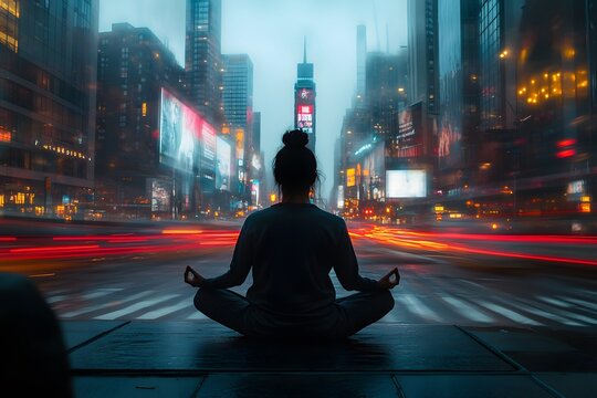 A woman finds inner peace amidst the bustling chaos of New York City, her silhouette in the foreground a stark contrast to the neon glow of Times Square.