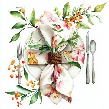 Elegant table setting with floral napkin, cutlery, and fresh greenery for a charming dining experience.