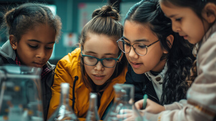 Obraz premium Curious Multiracial School Children Engaged in a Science Experiment - STEM Education, Diverse Group, Learning, Discovery. Generative ai