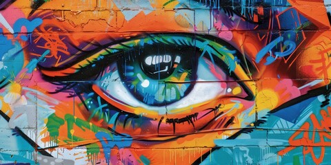 Vibrant graffiti artwork showcasing a detailed and expressive eye, blending colors and textures against a city wall.