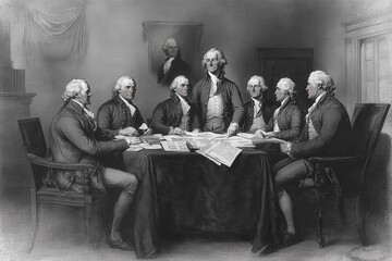 A depiction of the Founding Fathers gathered around a table drafting a significant historical document. The room is adorned with flags and other period-specific decorations.