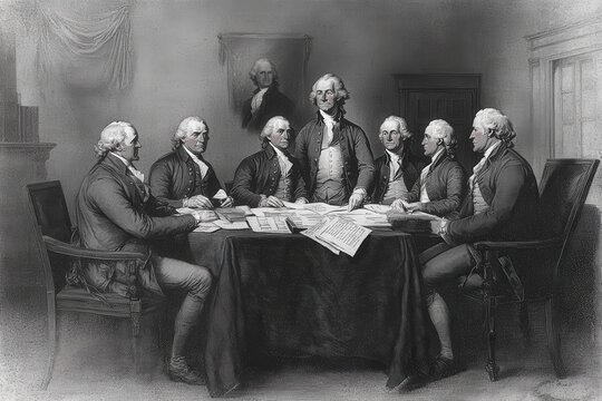 A depiction of the Founding Fathers gathered around a table drafting a significant historical document. The room is adorned with flags and other period-specific decorations.