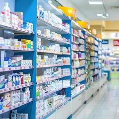 Naklejka premium Pharmacy Store Shelves with Assorted Medicines and Products