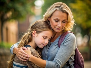 Fototapeta premium Warm-hearted foster mother wrapped in comforting embrace with distressed preteen girl, offering solace and reassurance to overcome bullying struggles and school woes.