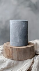 Naklejka premium Gray Concrete Cylinder On Wooden Platform With Fabric Background