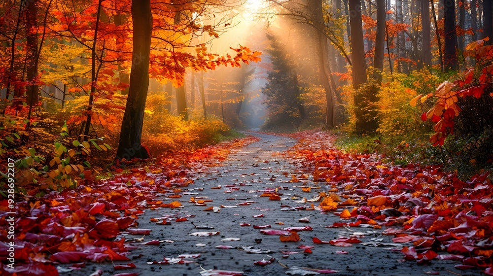 Poster Scenic Autumn Forest Path Blanketed in Vibrant Fallen Leaves with Sunlight Filtering Through Trees