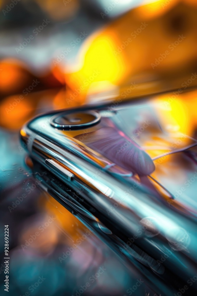 Poster a close-up shot of a cell phone lying on a table, with the screen and keypad visible