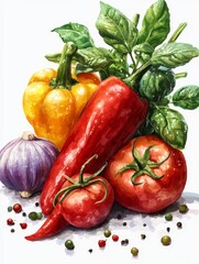 Fresh Vegetables and Herbs in a Painting Style