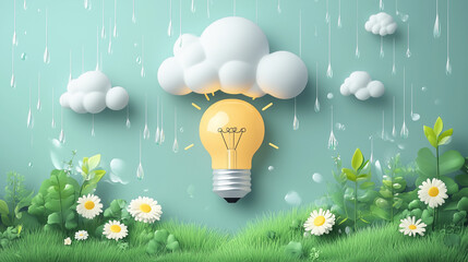 Light bulb under cloud with rain and flowers symbolizing ideas flourishing in nurturing conditions