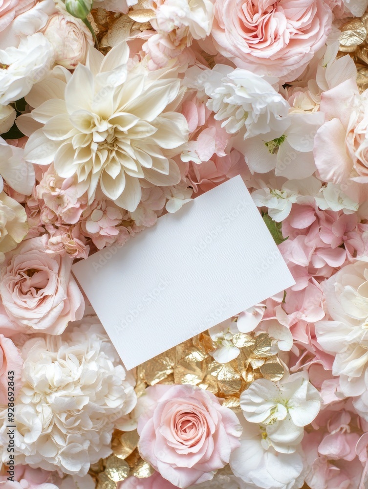 Poster A blank card surrounded by a variety of soft pink and white flowers.