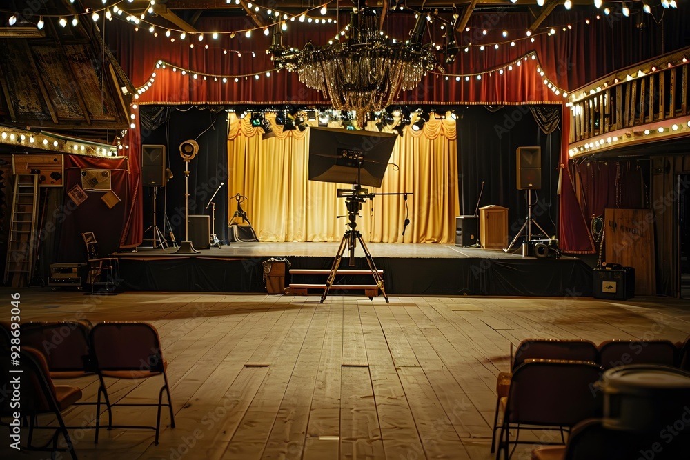 Poster empty stage with camera setup ready for live performance