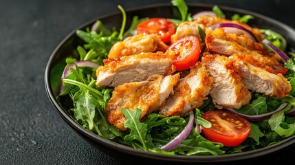 A healthy fried chicken salad with crisp rocket leaves, ripe tomatoes, and red onions, set against a dark background, showcasing its fresh and vibrant appeal.