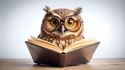 Playful brown owl with glasses reading a book , owl, glasses, reading, book, cute, animal, cartoon, clip-art, nature