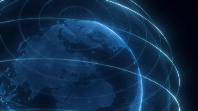 A digital representation of blue Earth with glowing lines encircling the planet, highlighting global connectivity and technology, video in high quality 4k, motion design