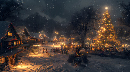 A snowy village square at night, illuminated by lanterns and a large Christmas tree in the center. People are bundled up, enjoying hot chocolate and caroling, while snowflakes gently fall from the sky