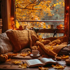 Cozy Autumn Reading Nook with Warm Blanket Book and Hot Tea Surrounded by Seasonal Decor