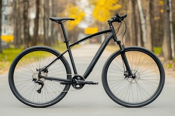 Fototapeta premium Sleek black bicycle on quiet tree-lined road