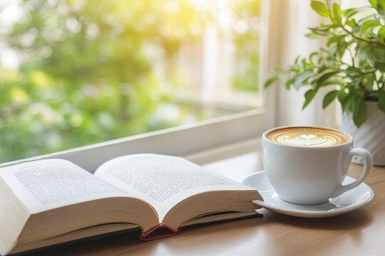 Coffee with open book by window
