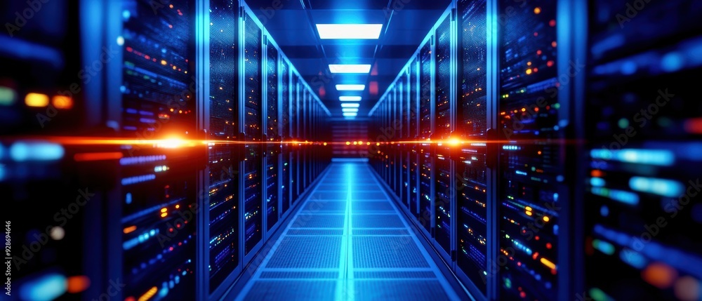 Poster a modern data center corridor illuminated by blue lights, showcasing rows of server racks and futuri
