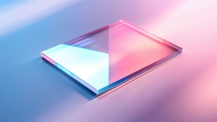 Minimalist abstract composition of transparent glass blocks reflecting soft gradient light in pastel hues.