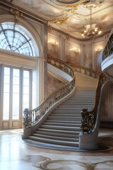 Fototapeta premium Curved Staircase in a Grand Hall with Ornate Details