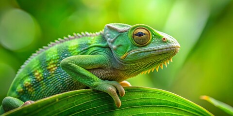 Green Chameleon on a Leaf, Close-up, Detailed, Reptile, Nature, Chameleon, Wildlife