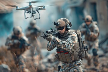 Fototapeta premium A man dressed in camouflage gear holds a gun and camera in the outdoors, suitable for hunting or nature photography