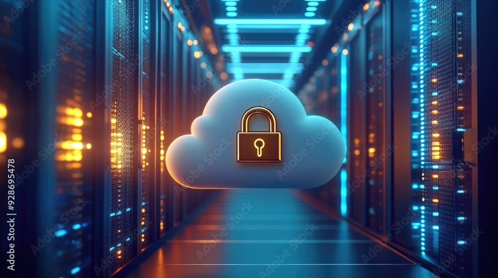 Poster a secure white cloud with a gold lock symbol, set in a data center with flashing blue lights, repres