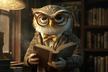 Professor Owl: An owl with a tweed jacket, bow tie, and round glasses, holding a book in a library.