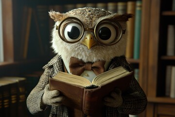 Professor Owl: An owl with a tweed jacket, bow tie, and round glasses, holding a book in a library.