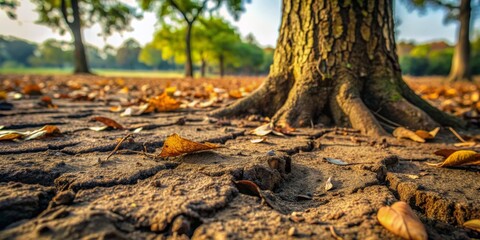 Obraz premium Ground Level Perspective of a Tree Trunk with Fallen Leaves, Close-up, Detailed, Autumn , ground , leaves , nature