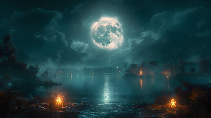 A Halloween night with spooky ghost stories being told around a campfire, with the full moon shining overhead 