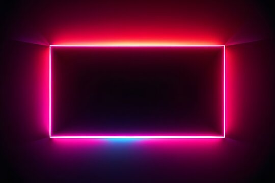 A neon sign with a red and blue frame. The sign is lit up and is in a dark room