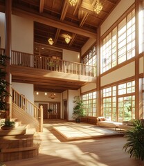 Modern Japanese Style Home Interior Design With Wooden Staircase And Large Windows