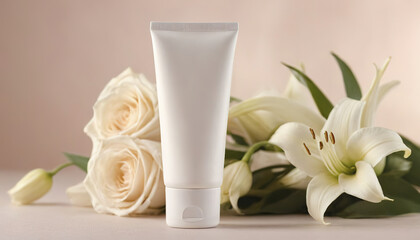 White tube of beauty product with white flowers.