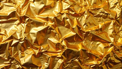 Crumpled golden foil texture with glass effect. Gold foil leaf shiny metallic wrapping paper texture horizontal background for wallpaper decoration element	
