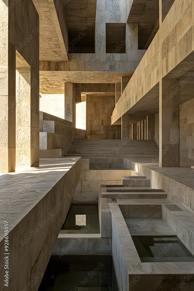 Poster modern architecture stone building with water features