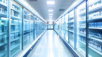 Fototapeta premium Empty Supermarket Aisle with Glass Refrigerators
