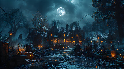  A haunted house on Halloween with skeletons and zombies roaming the grounds, creating a terrifying scene 