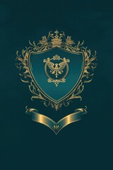 A decorative shield emblem with ornate details and a ribbon banner.