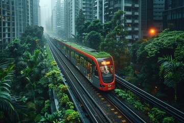 Fototapeta premium A modern urban landscape where a sleek train is moving through lush greenery, symbolizing the integration of nature and technology within a highly developed city environment.