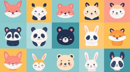 Obraz premium A vibrant icon set of cute animals like a fox, panda, and bunny, perfect for adding a touch of whimsy to any design