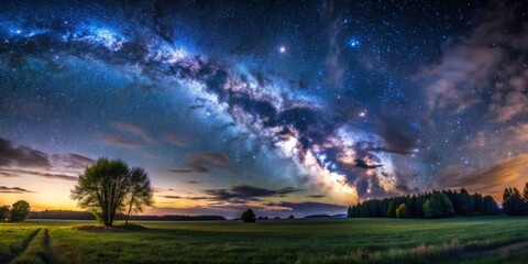 Milky Way Arcing Over a Tranquil Meadow, Night Sky, Starry Night, Landscape, Nature