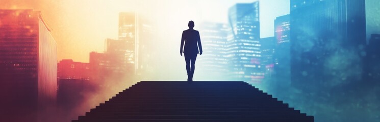Obraz premium Ascent to Achievement: The Silhouette of a Person Climbing Steps Against a Patterned Urban Landscape, Symbolizing Progress and Success.