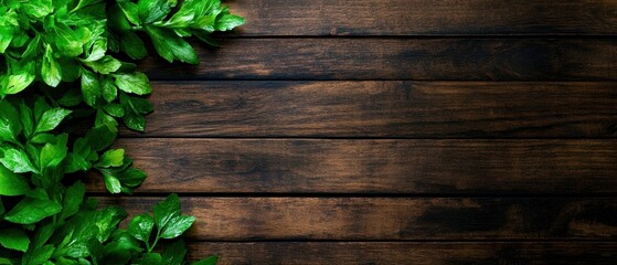 A vibrant green leaf arrangement on a rustic wooden background, perfect for nature, wellness, or eco-friendly themes.
