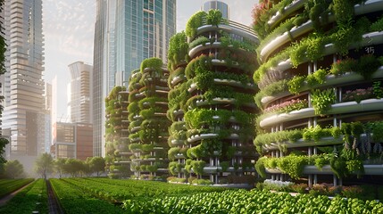 Obraz premium Modern skyscraper with vertical gardens and a field of green plants in the foreground.